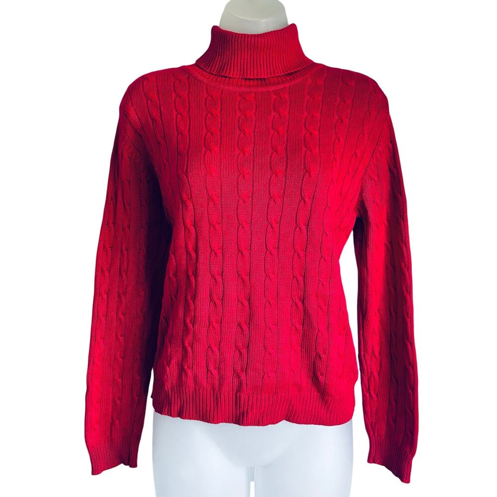 Talbots Silk Cashmere Red Cable Knit Turtleneck Sweater Small Quiet Luxury